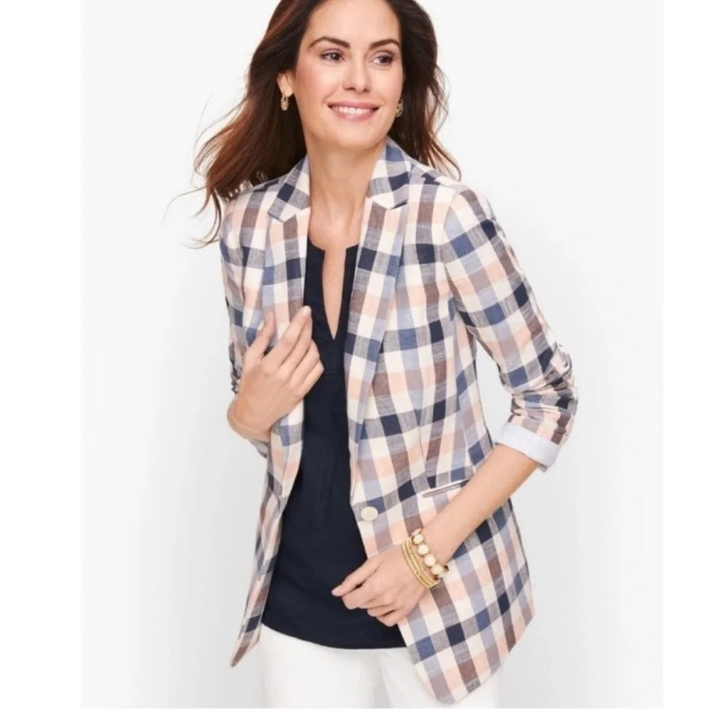 Talbots Plaid Blazer Women’s Size 8 Multicolor Classic Career Jacket Pink Navy